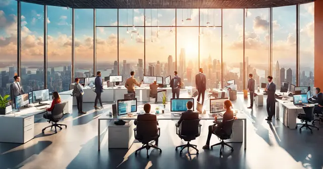 a group of people are working in an office with a view of the city a group of people are working in an office with a view of the city