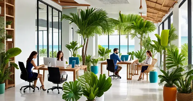 a group of people sit at desks in an office surrounded by plants
