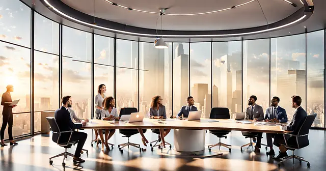 a group of people sitting around a table with laptops