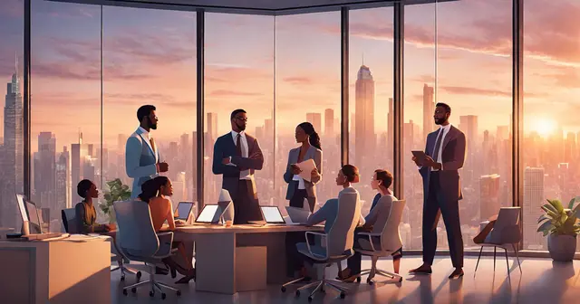 a group of people standing around a table with a city skyline in the background a group of people standing around a table with a city skyline in the background