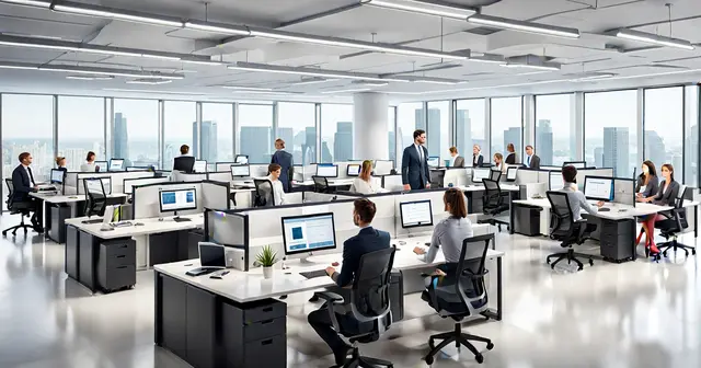 a large office with a lot of people working on computers a large office with a lot of people working on computers
