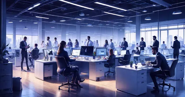 a large office with lots of people working on computers a large office with lots of people working on computers