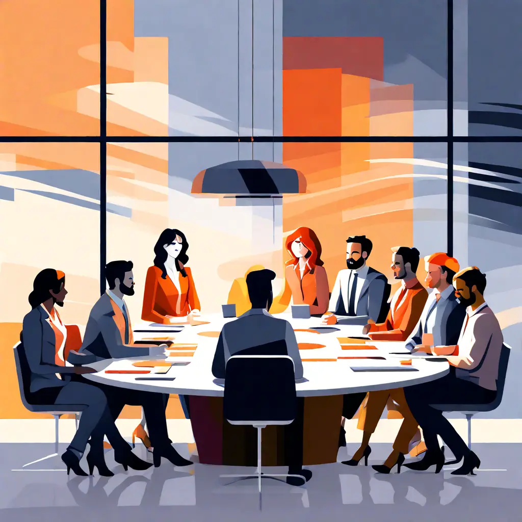 simple abstract illustration of  A diverse group of employees sitting around a table during a committee meeting, warm colours