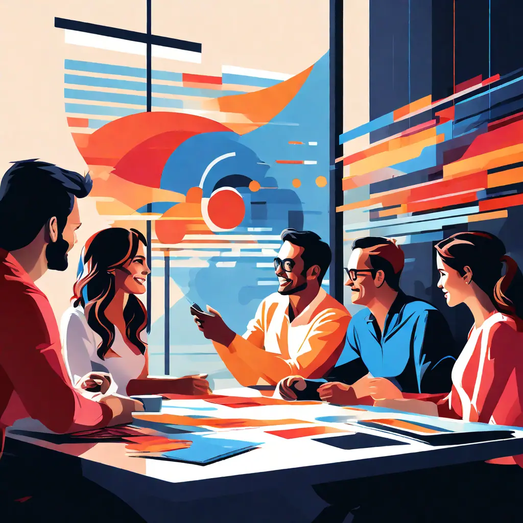 simple abstract illustration of  A team of employees collaborating on a presentation, warm colours