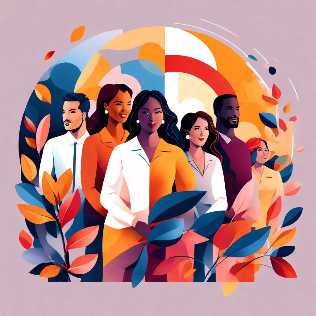 simple abstract illustration of  A team of employees participating in a diversity and inclusion training, warm colours