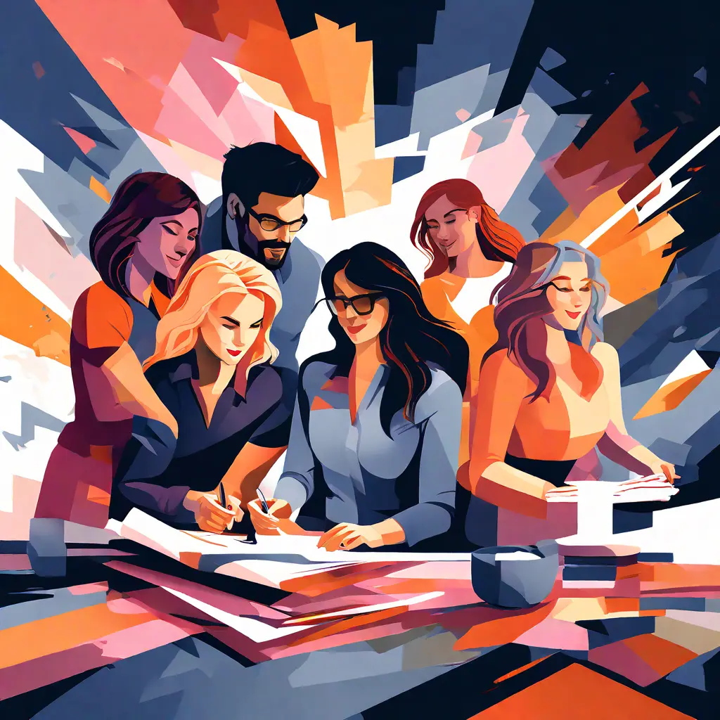 simple abstract illustration of  A team of employees working together on a project, warm colours