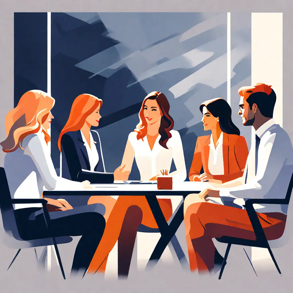 simple abstract illustration of  An employee leading a discussion during a committee meeting, warm colours