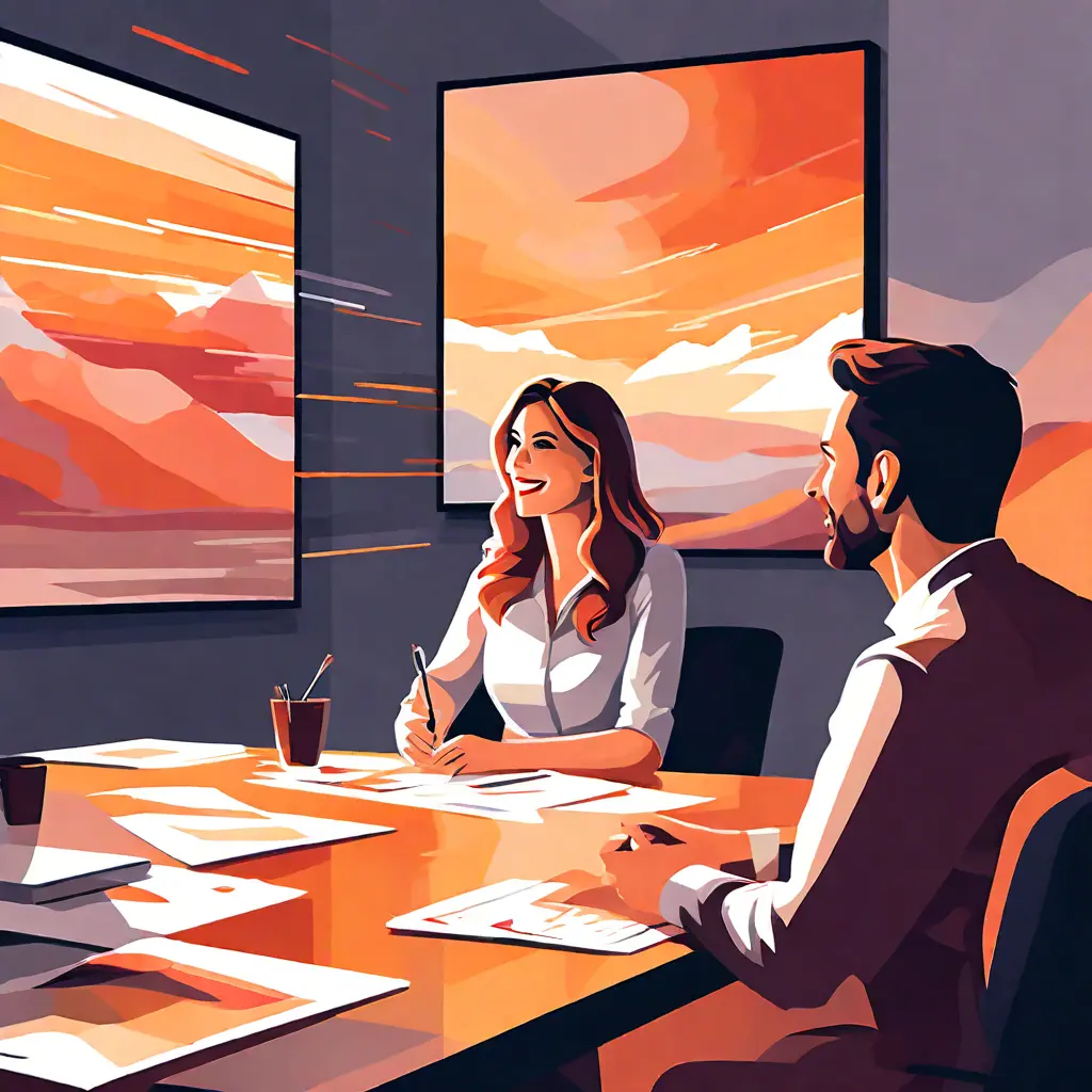 simple abstract illustration of  An employee providing feedback during a committee meeting, warm colours