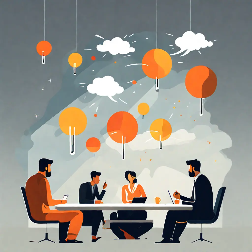 simple abstract illustration of  An employee sharing their ideas during a brainstorming session, warm colours