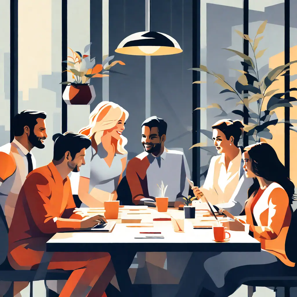 simple abstract illustration of  A diverse group of employees collaborating in a modern office space, warm colours