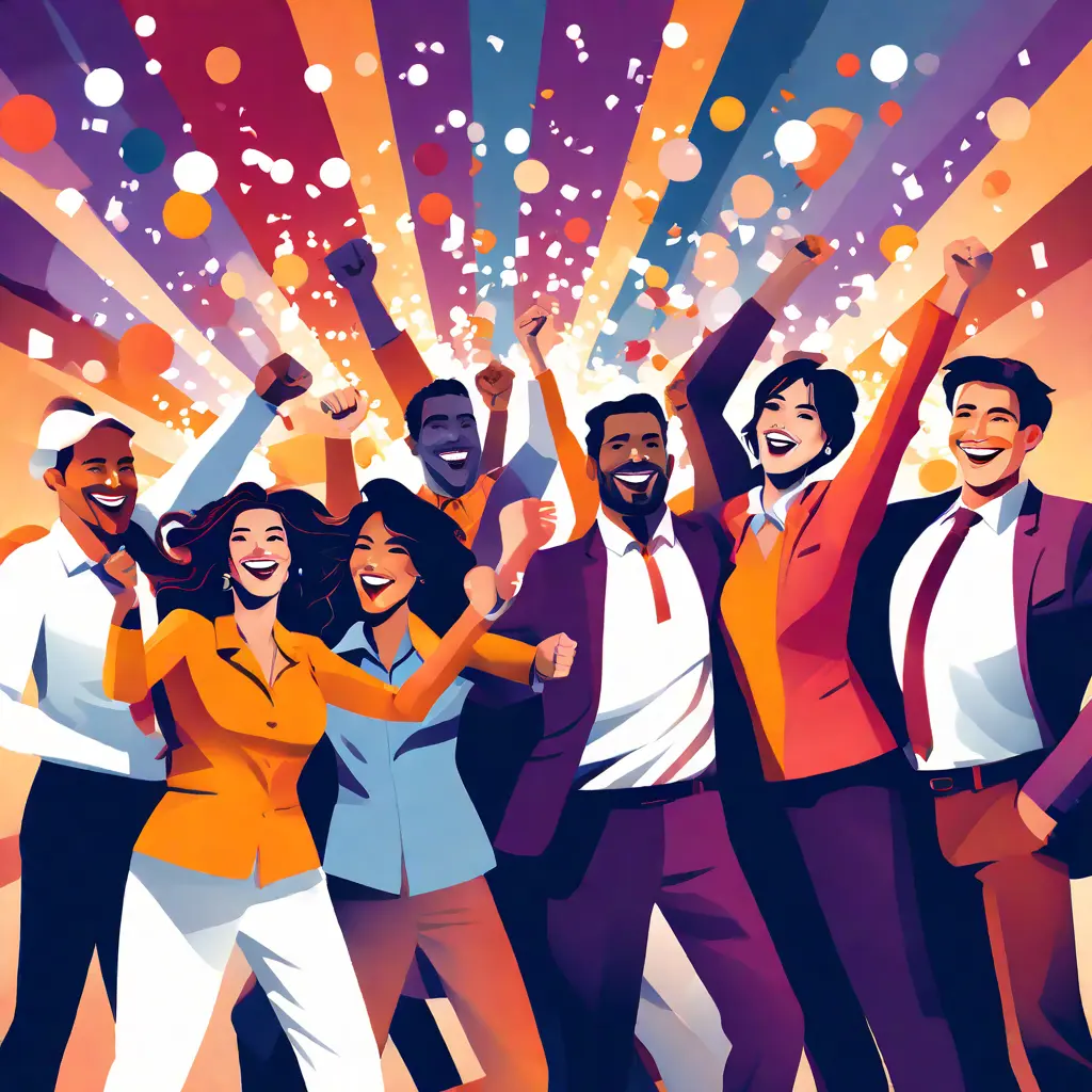 simple abstract illustration of  A group of employees celebrating a team success or milestone, warm colours