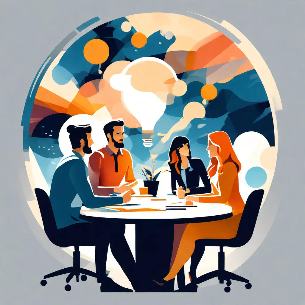 simple abstract illustration of  A group of employees discussing ideas in a brainstorming session, warm colours