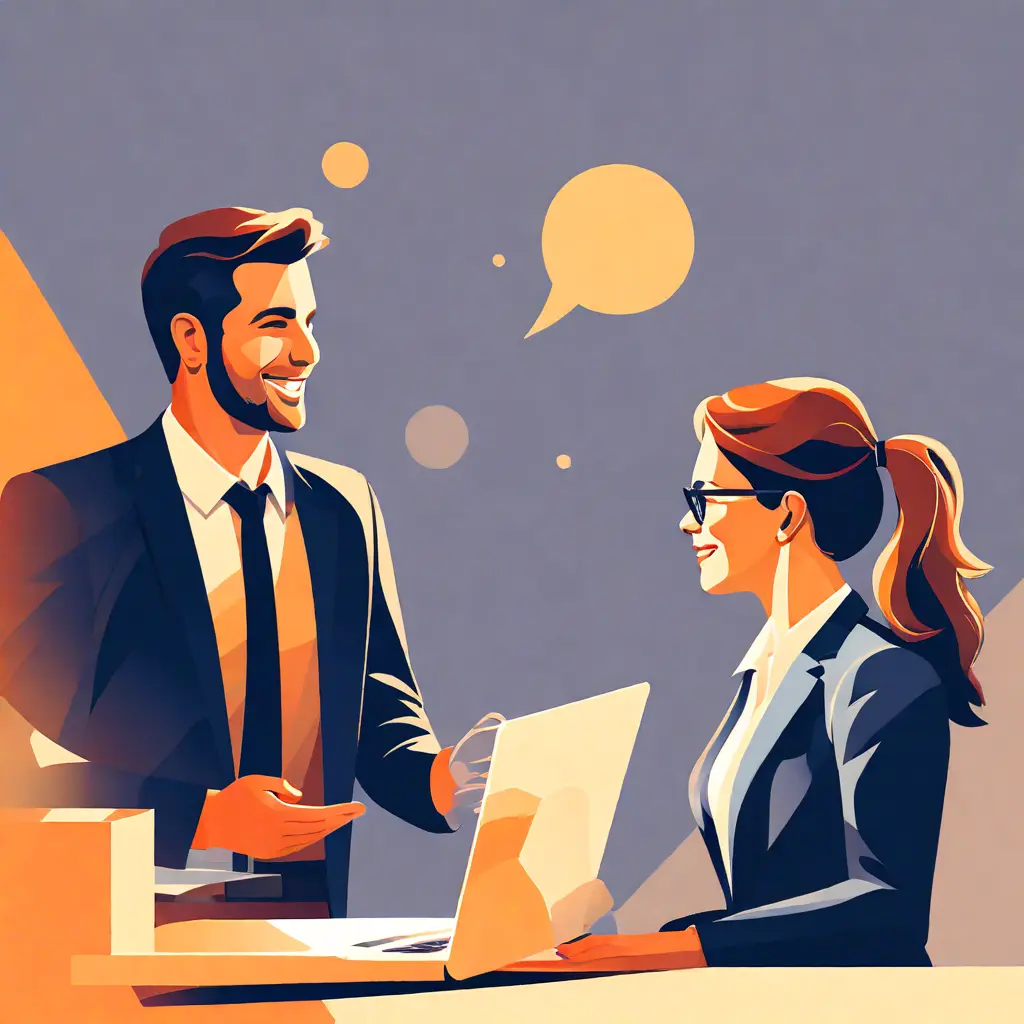 simple abstract illustration of  A manager providing feedback and recognition to an employee, warm colours