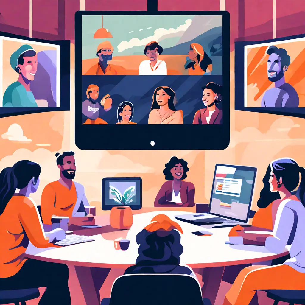 simple abstract illustration of  A remote team meeting through a video conference, warm colours