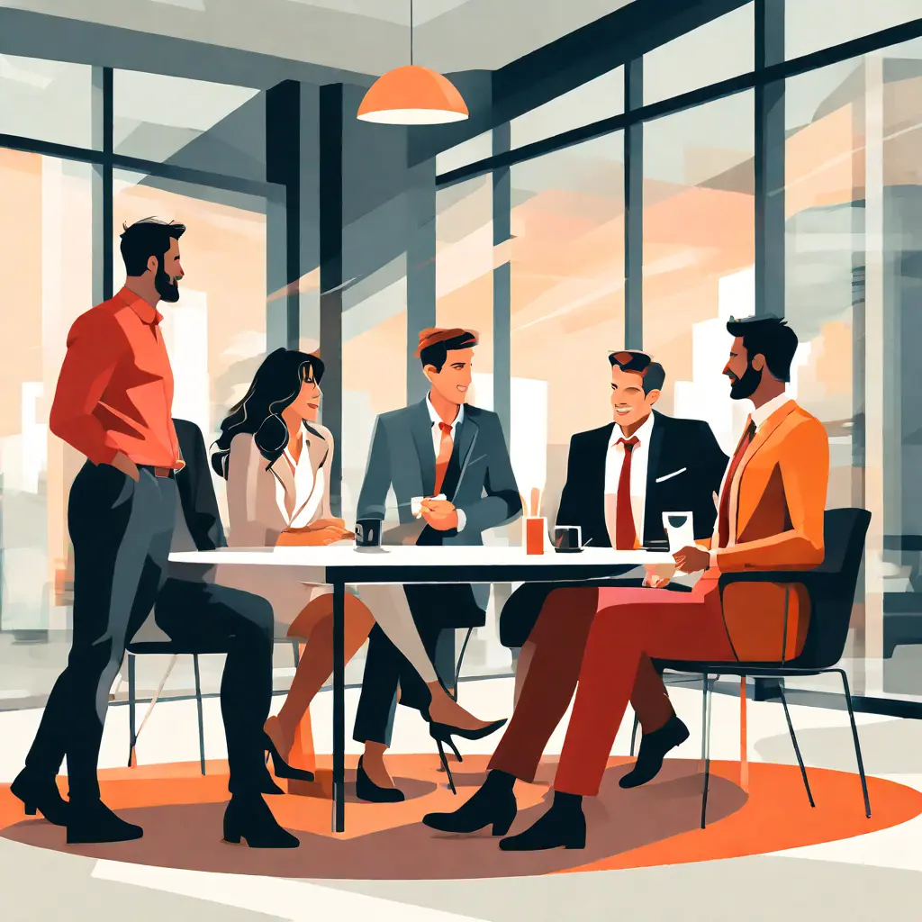 simple abstract illustration of  A group of coworkers having a casual conversation in the office, warm colours