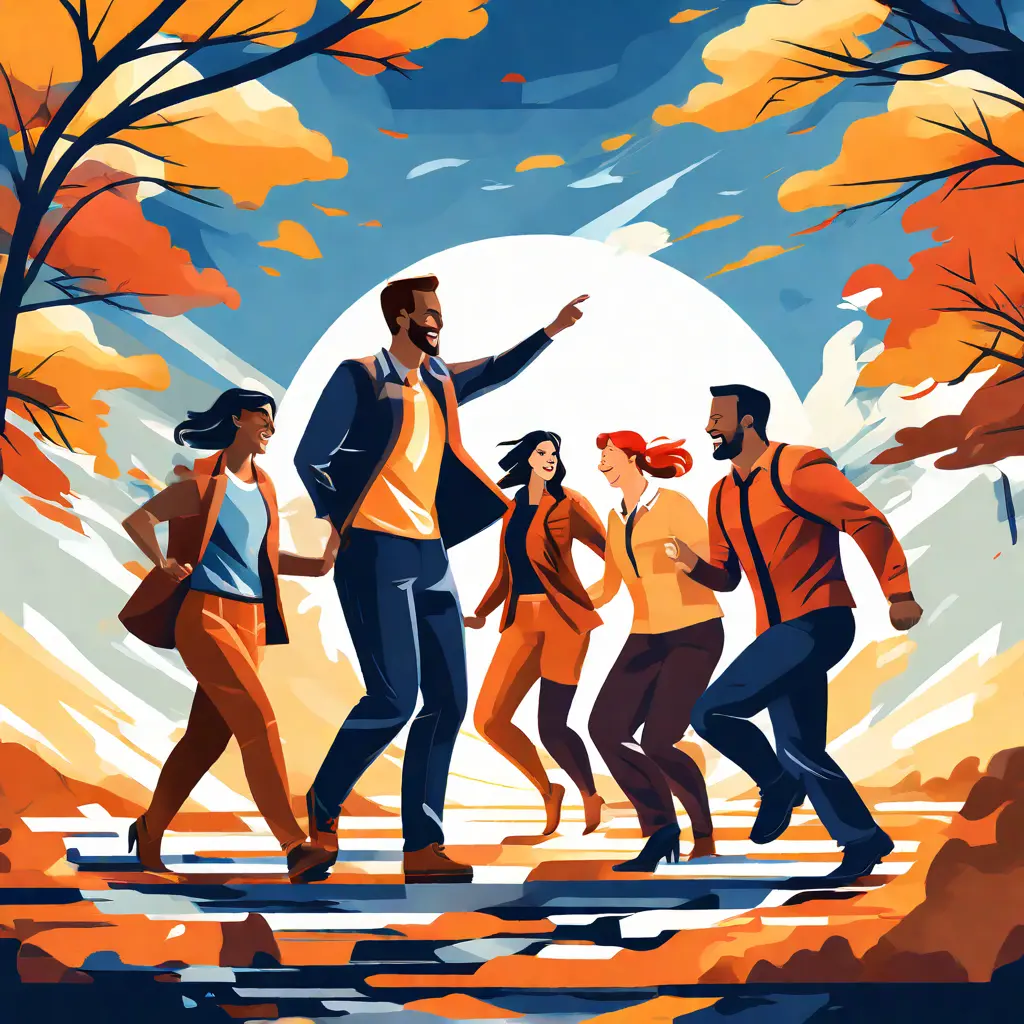 simple abstract illustration of  A group of employees playing a team-building game outdoors, warm colours