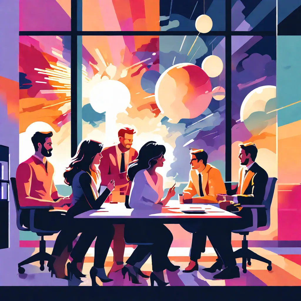simple abstract illustration of Employees engaging in a brainstorming session, warm colours simple abstract illustration of Employees engaging in a brainstorming session, warm colours