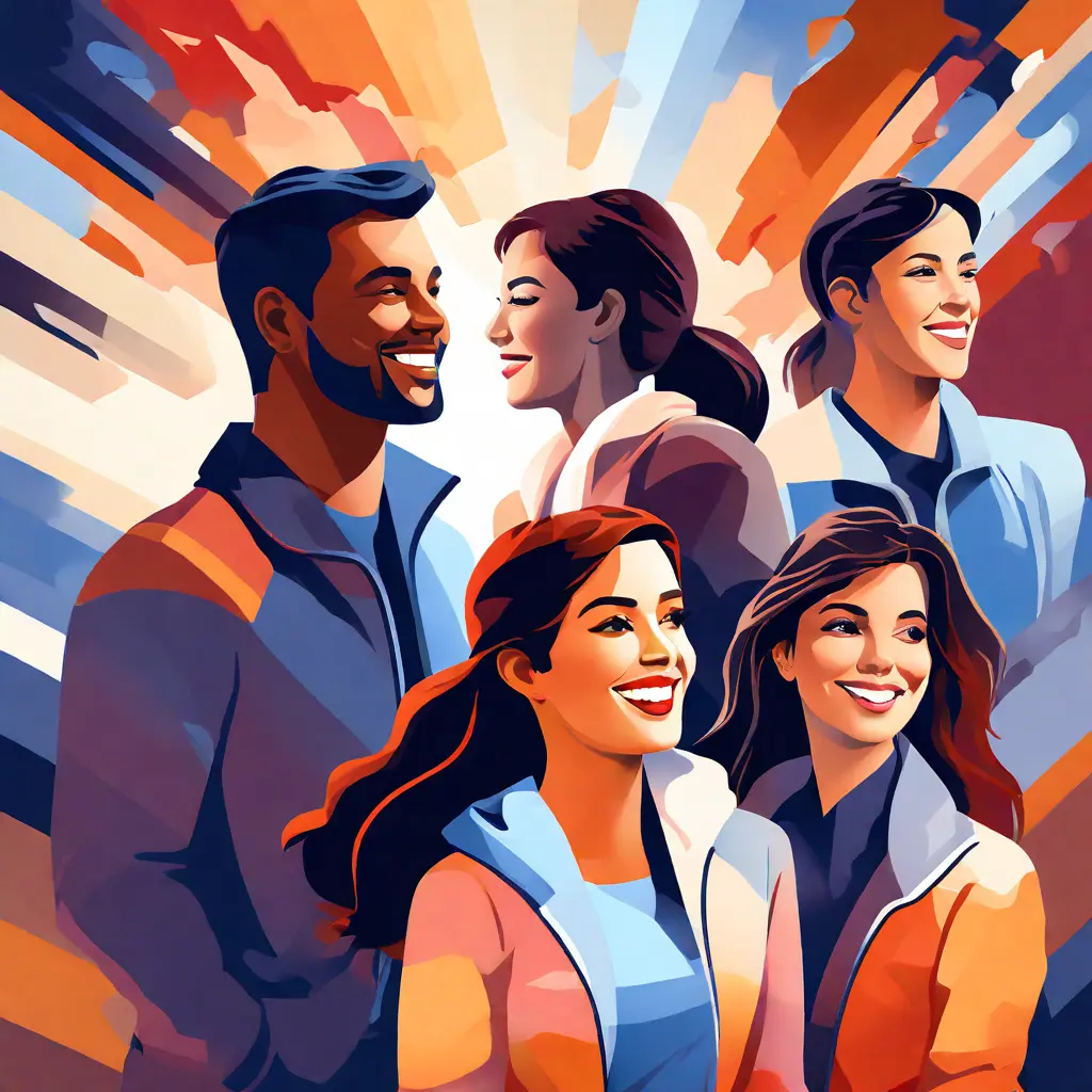 simple abstract illustration of Employees participating in a volunteer activity together, warm colours simple abstract illustration of Employees participating in a volunteer activity together, warm colours