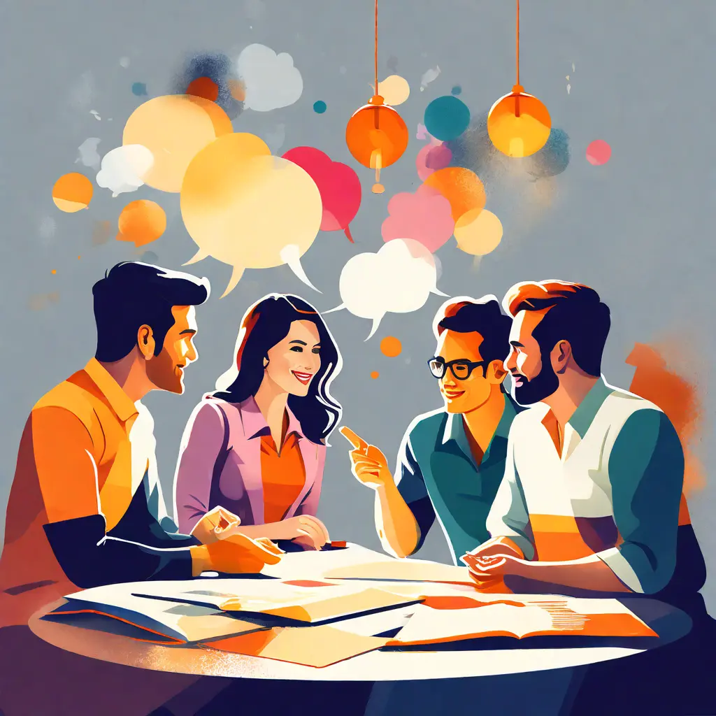 simple abstract illustration of  Employee sharing ideas during a brainstorming session, warm colours