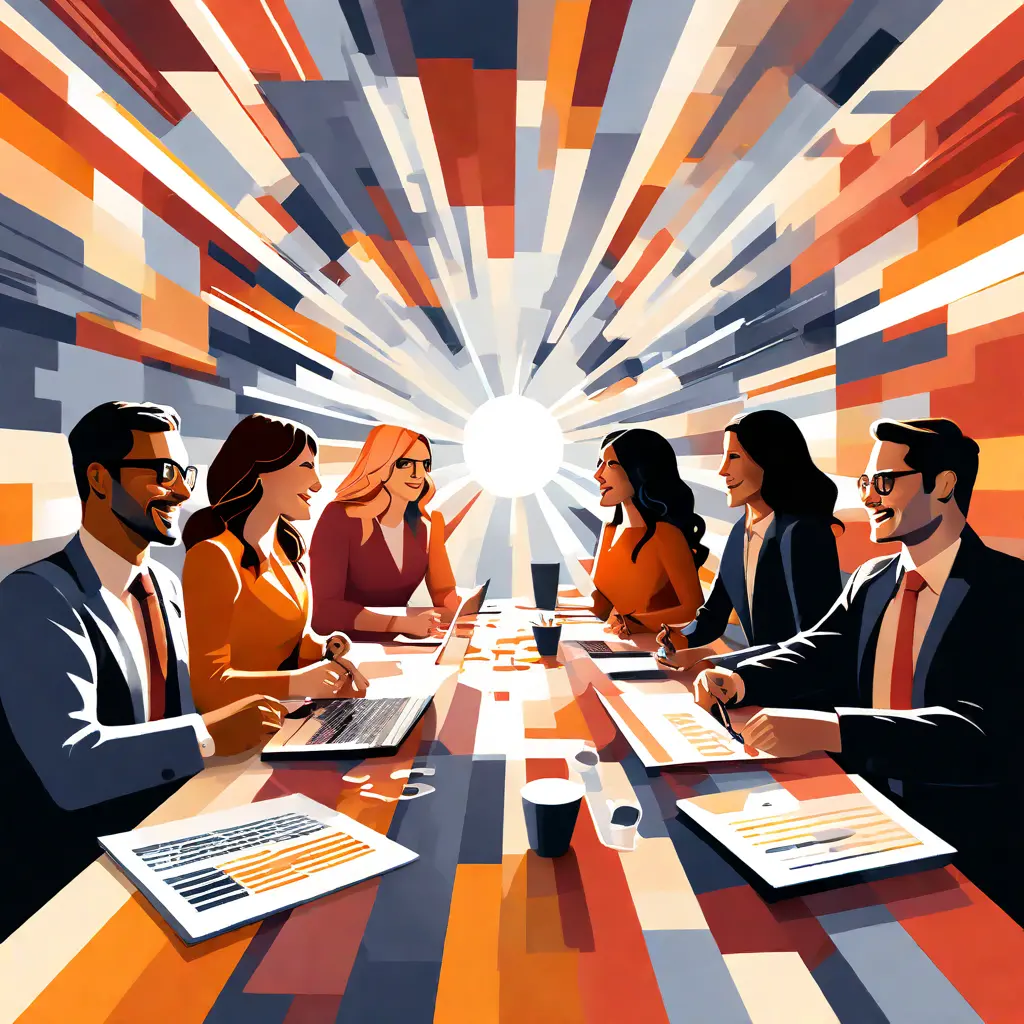 simple abstract illustration of  Group of diverse employees collaborating in a meeting, warm colours