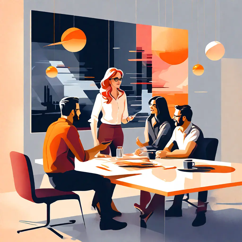 simple abstract illustration of  Team discussing a new project strategy, warm colours