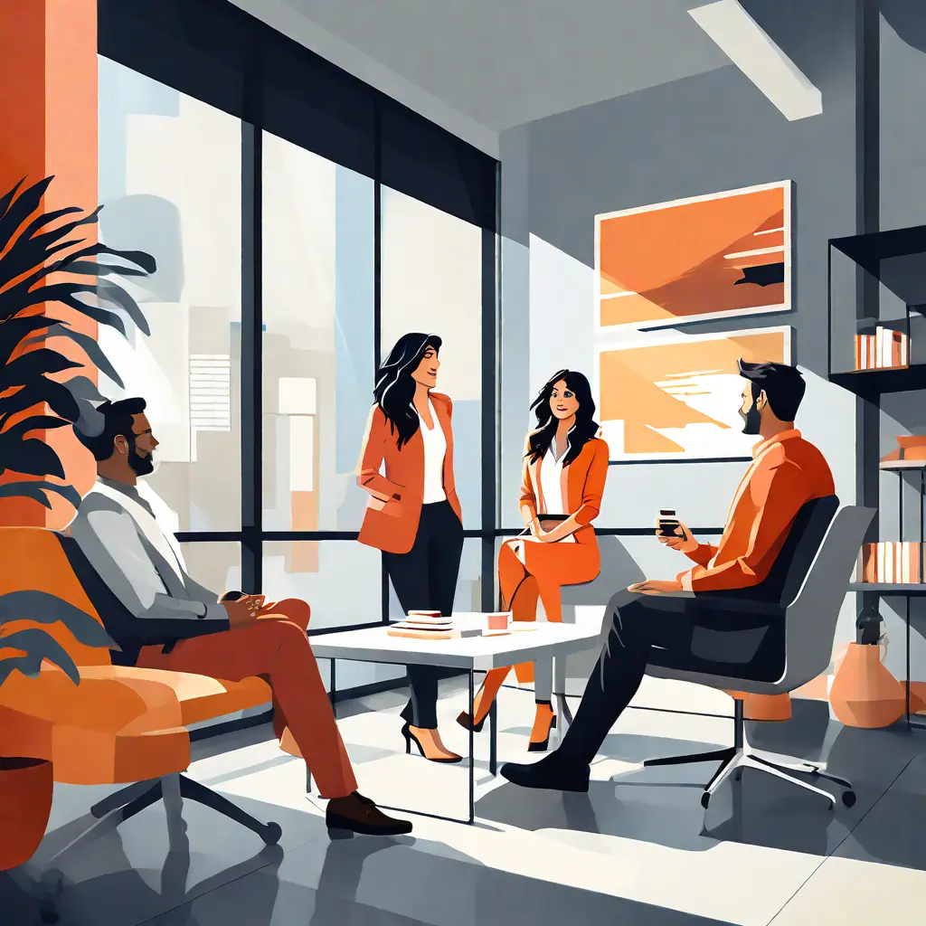 simple abstract illustration of  Team members engaging in a casual conversation in the office, warm colours