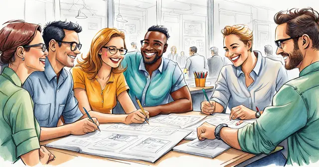 a group of people are sitting around a table and smiling