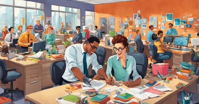 a man and a woman sit at a desk in an office