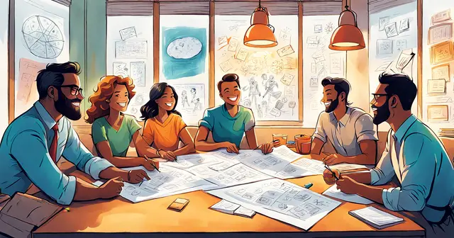 an illustration of a group of people sitting around a table