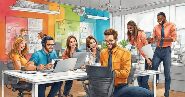 an illustration of a group of people working in an office