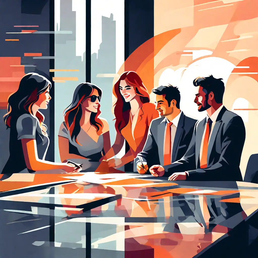 simple abstract illustration of  A group of employees collaborating in a meeting, warm colours