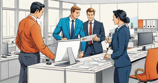 a group of people are standing around a computer in an office a group of people are standing around a computer in an office
