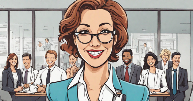 a woman with glasses is smiling in front of a group of business people a woman with glasses is smiling in front of a group of business people