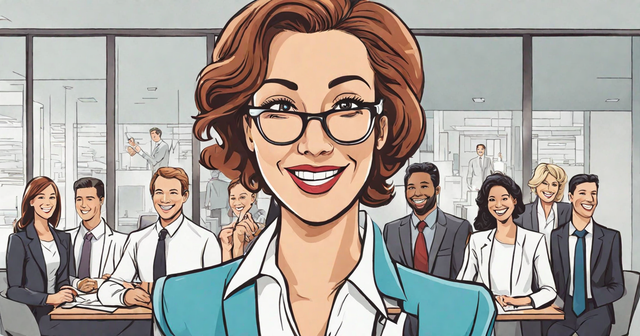 a woman with glasses is smiling in front of a group of business people