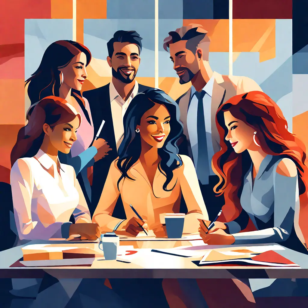 simple abstract illustration of A diverse group of employees collaborating in a meeting, warm colours simple abstract illustration of A diverse group of employees collaborating in a meeting, warm colours