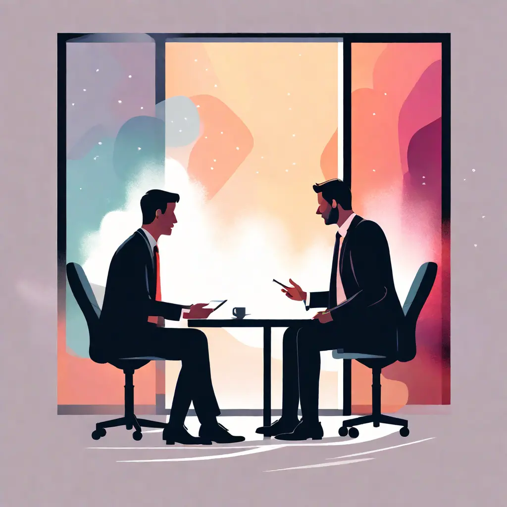 simple abstract illustration of  A manager having a one-on-one meeting with an employee, warm colours