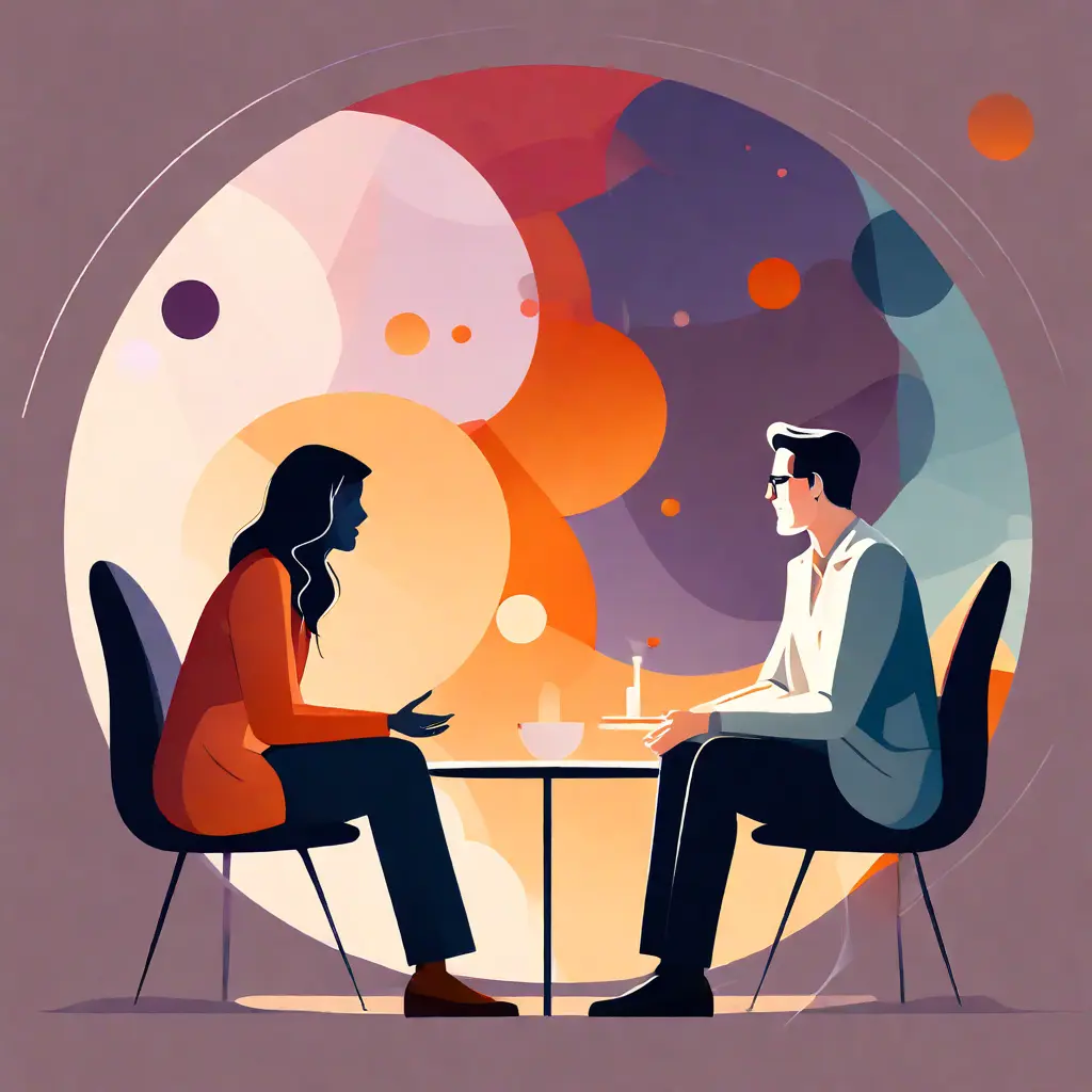 simple abstract illustration of  A mentor and mentee having a discussion, warm colours