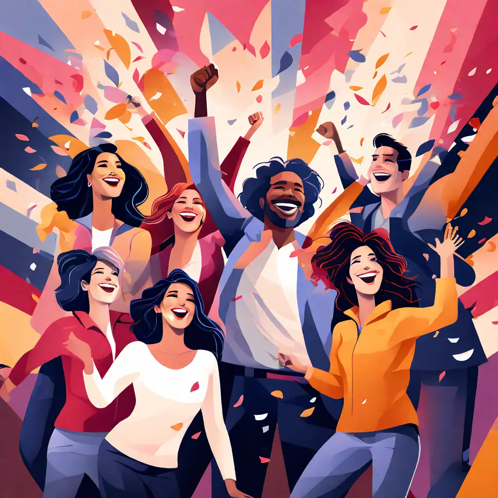 simple abstract illustration of A team celebrating a successful project, warm colours simple abstract illustration of A team celebrating a successful project, warm colours