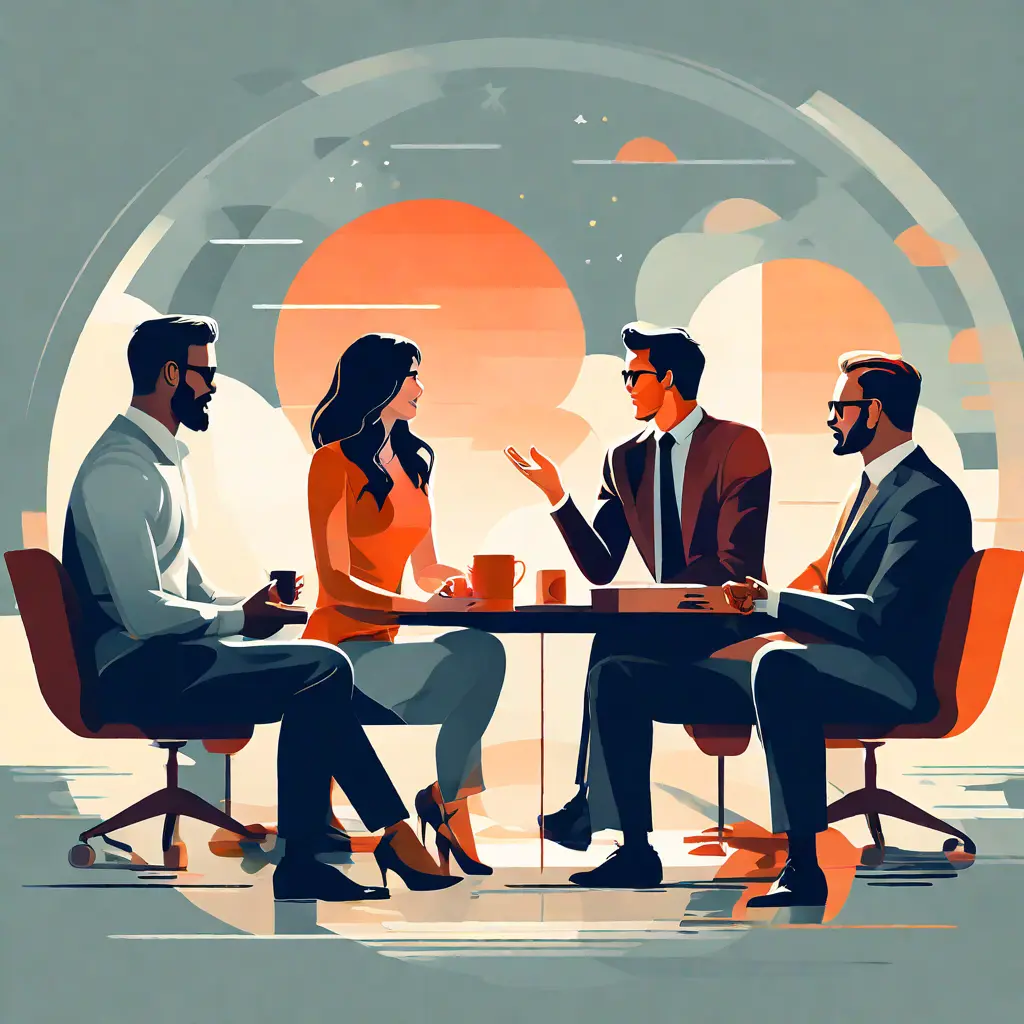 simple abstract illustration of A team discussing a new initiative, warm colours simple abstract illustration of A team discussing a new initiative, warm colours