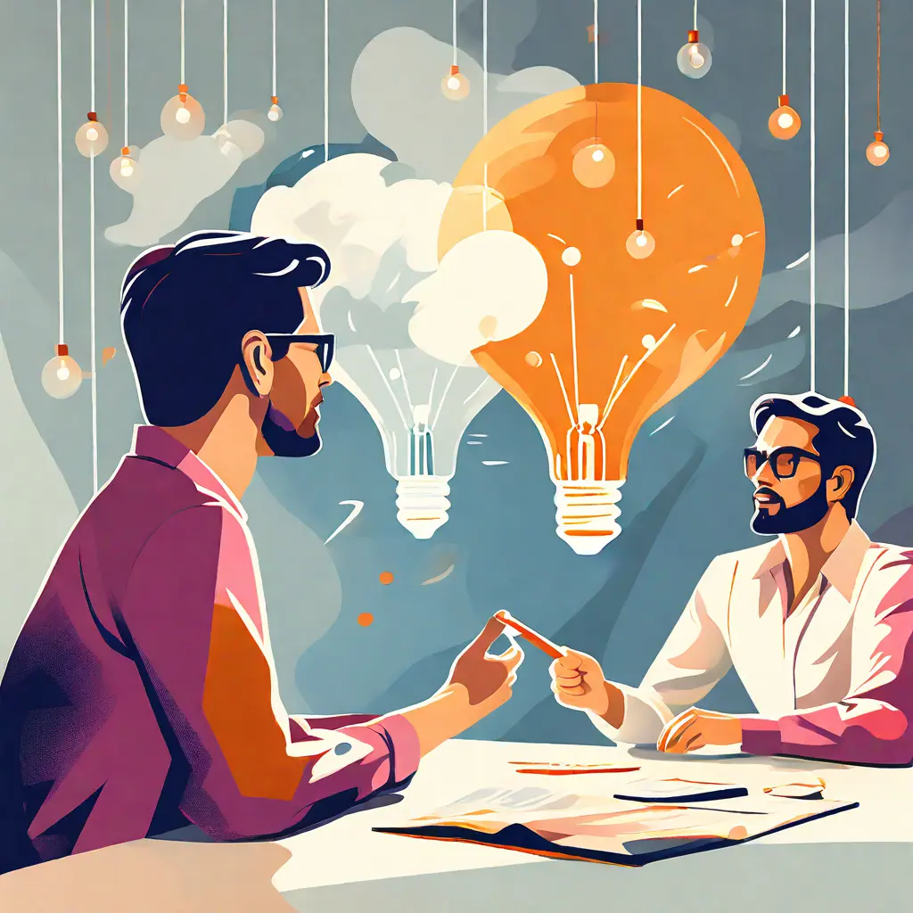simple abstract illustration of  An employee sharing their ideas during a brainstorming session, warm colours
