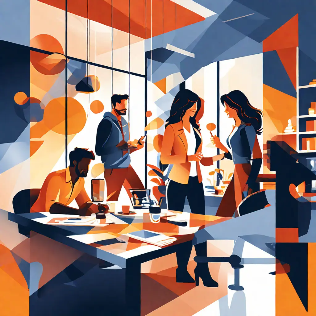 simple abstract illustration of Team building activities in the office, warm colours simple abstract illustration of Team building activities in the office, warm colours