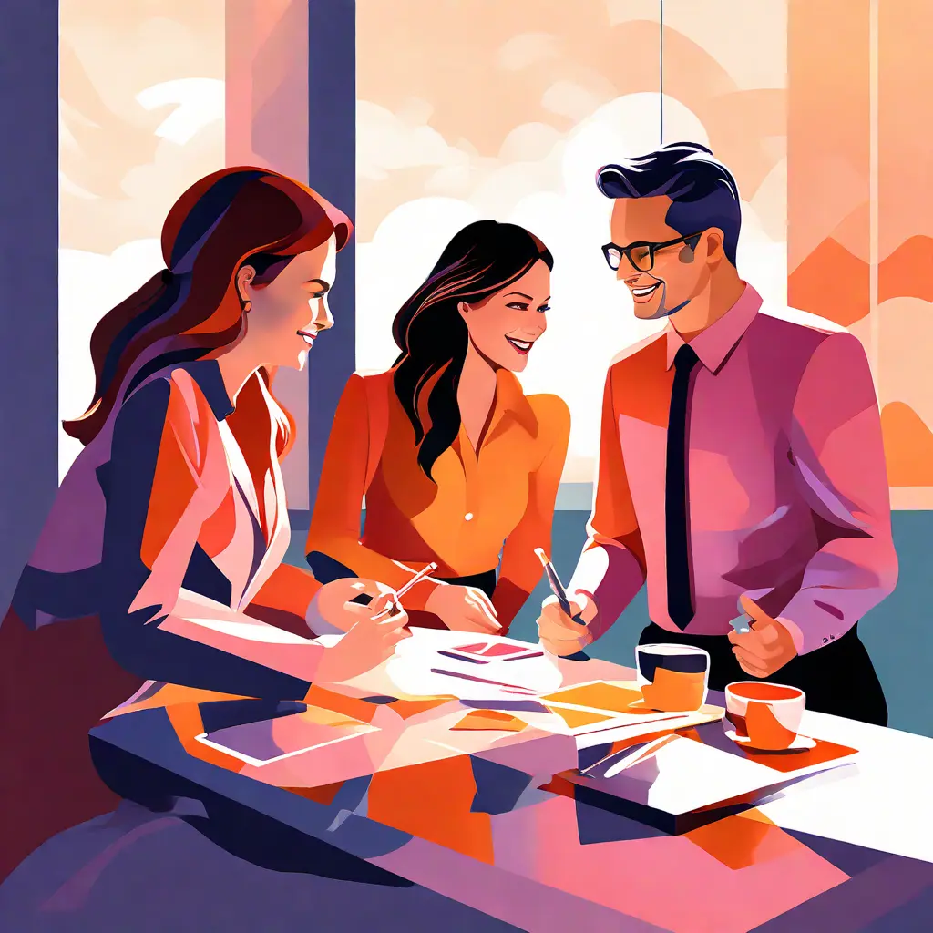 simple abstract illustration of Employee mentoring a new team member, warm colours simple abstract illustration of Employee mentoring a new team member, warm colours