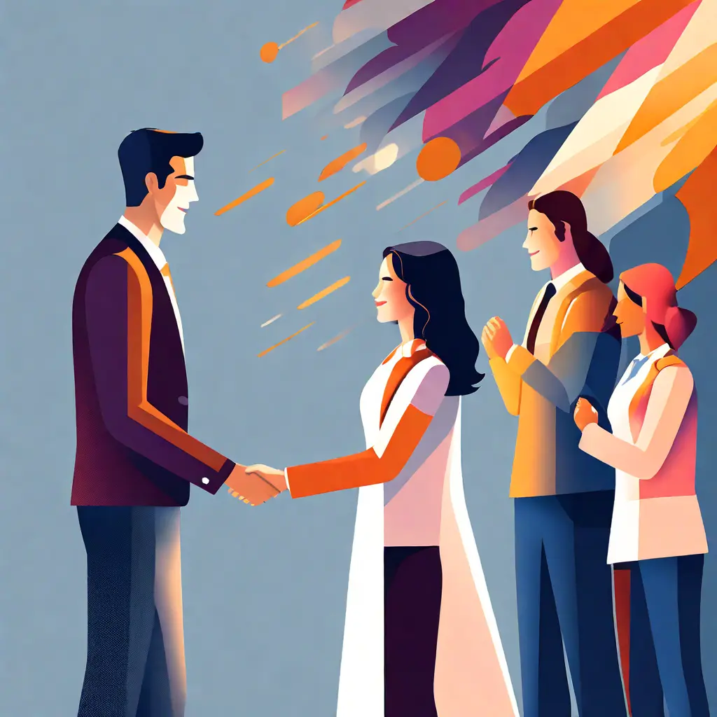 simple abstract illustration of Employee receiving recognition for their hard work, warm colours simple abstract illustration of Employee receiving recognition for their hard work, warm colours