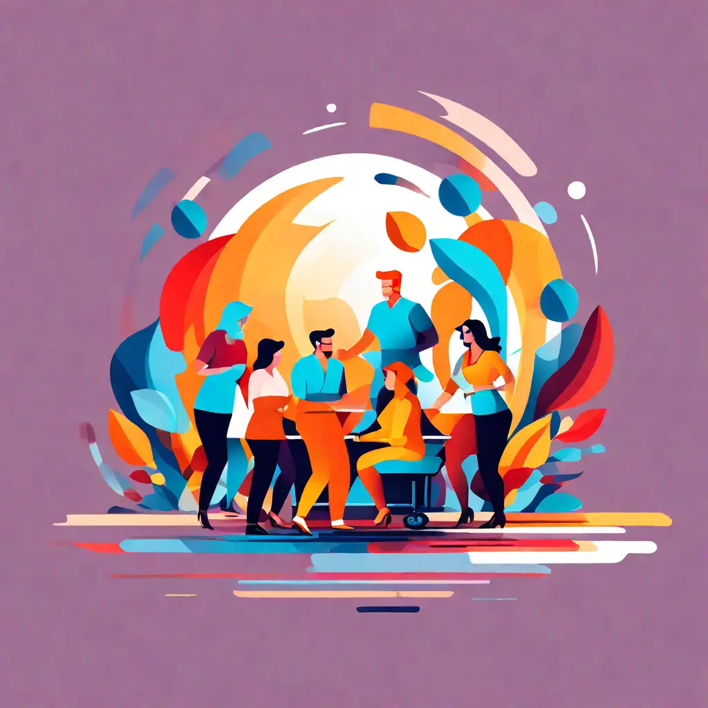 simple abstract illustration of Group of employees participating in a team-building activity, warm colours simple abstract illustration of Group of employees participating in a team-building activity, warm colours