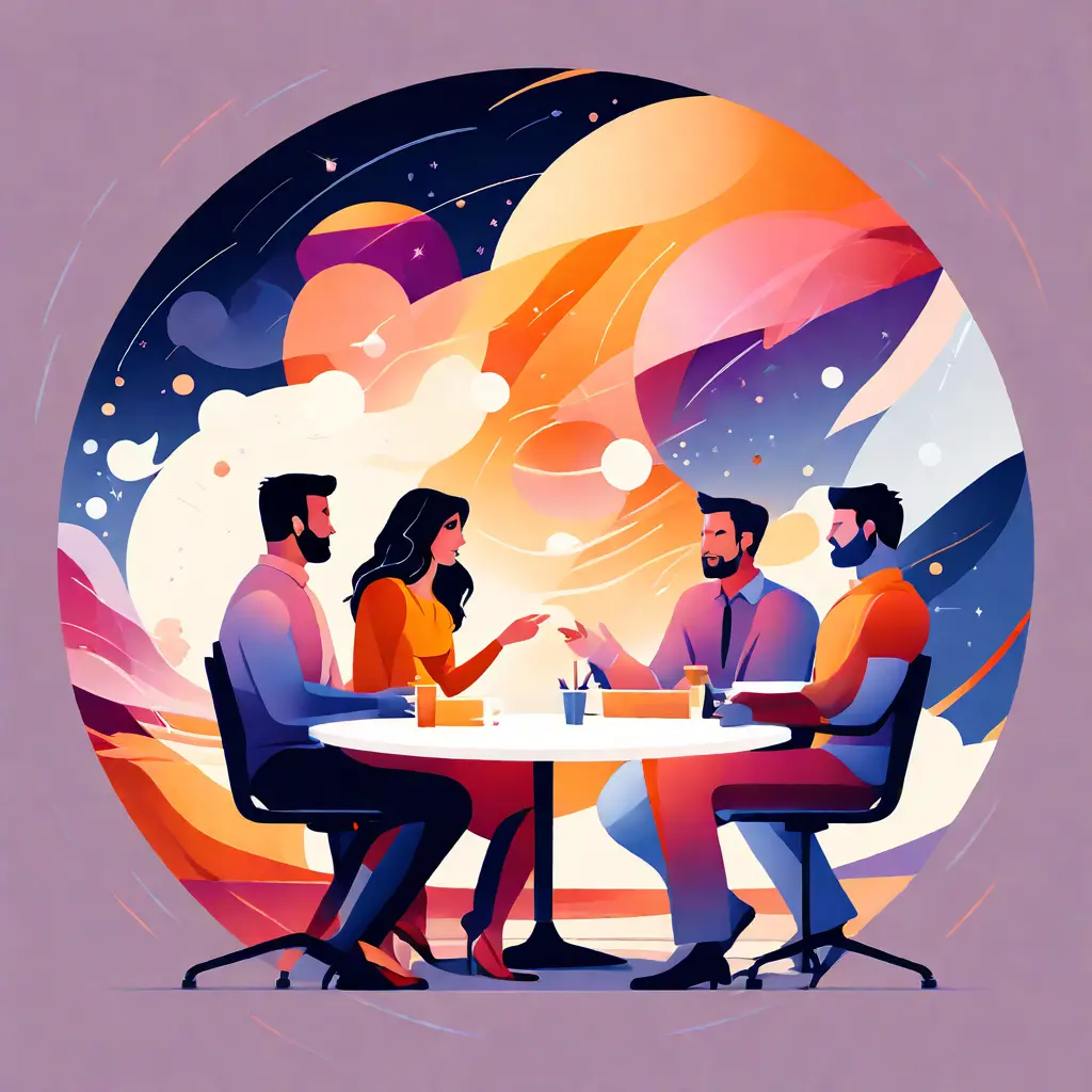 simple abstract illustration of  Team meeting with open communication and collaboration, warm colours