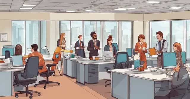 a cartoon drawing of a group of people in an office