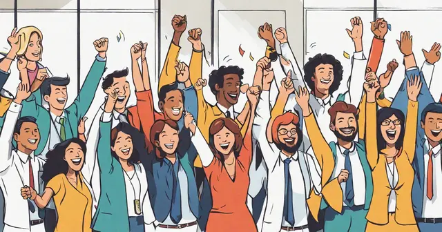 a group of people are celebrating with their hands in the air