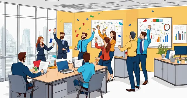 an illustration of a group of people celebrating in an office