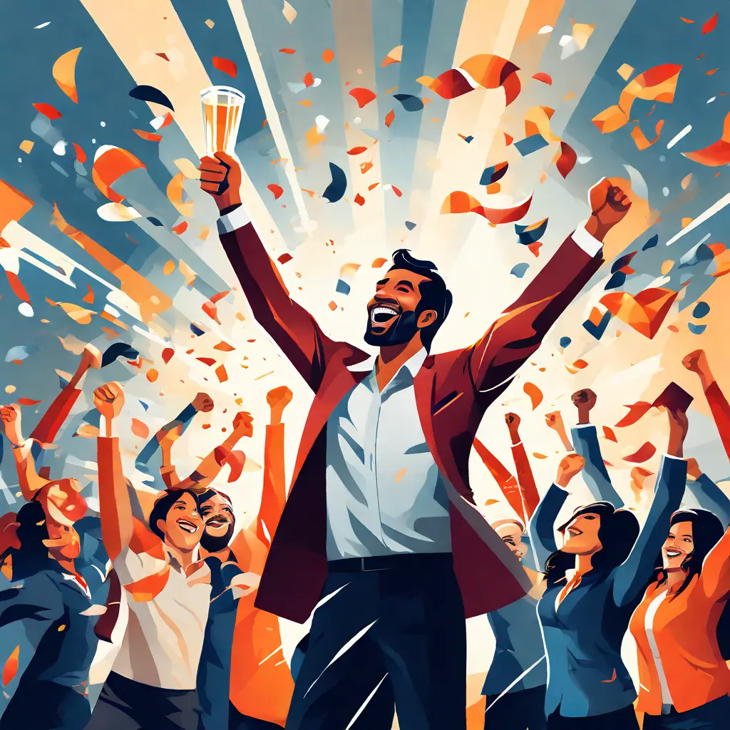 simple abstract illustration of  Employee celebrating a team success or milestone, warm colours