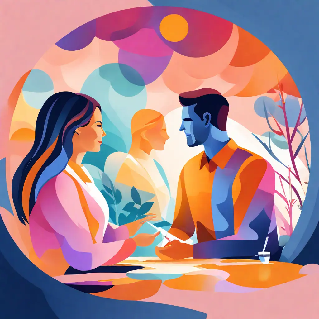 simple abstract illustration of Employee mentoring a new team member, warm colours simple abstract illustration of Employee mentoring a new team member, warm colours